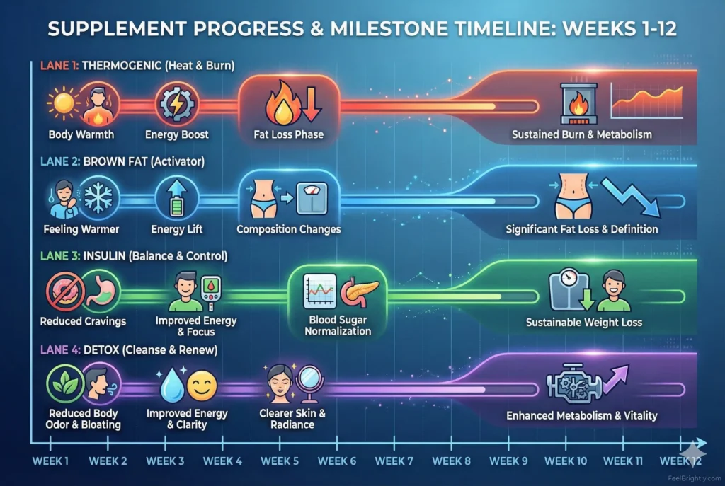 timeline comparison showing results progression for different metabolic block supplements over 12 weeks