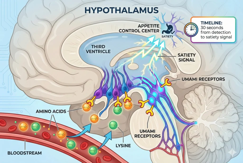 illustration showing tanycytes brain cells detecting amino acids and signaling fullness to stop hunger
