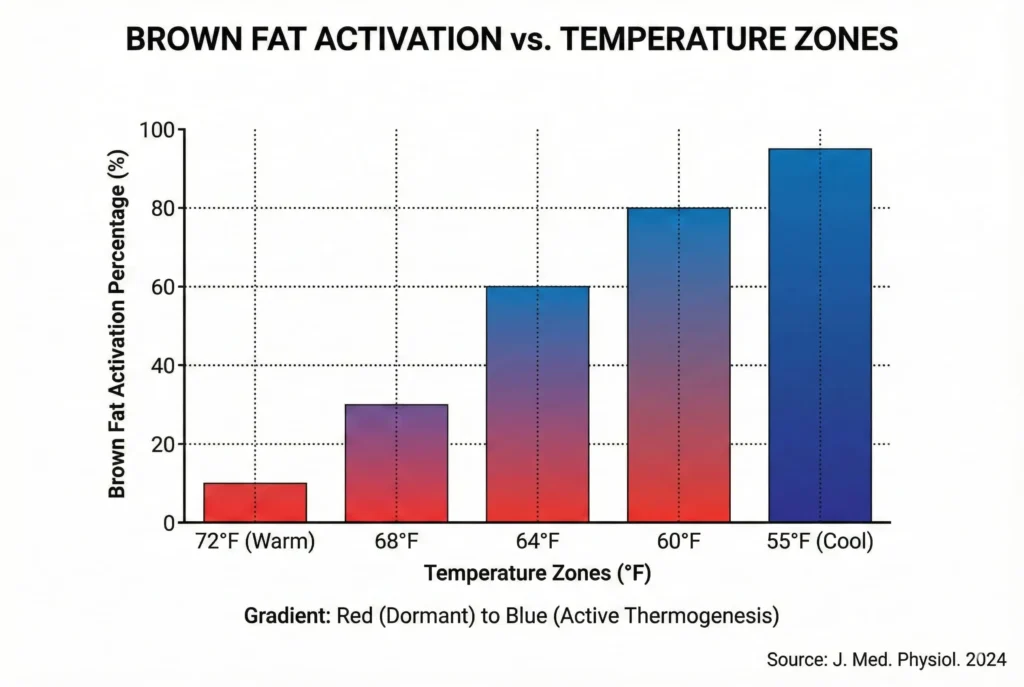 chart showing brown fat activation levels at different temperatures from dormant to fully active