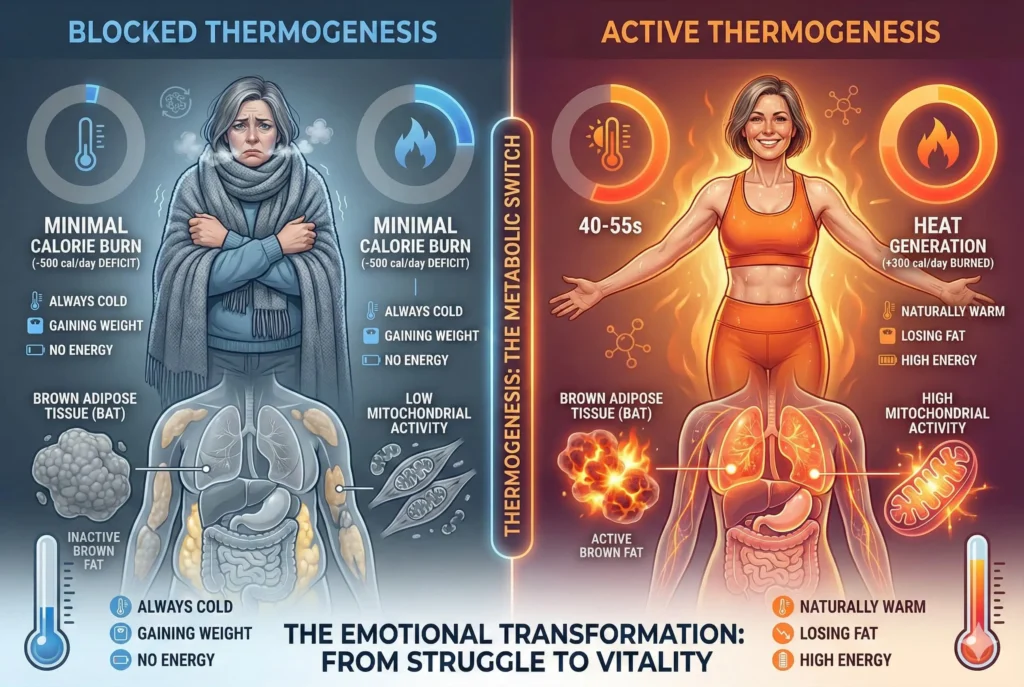 comparison showing active thermogenesis burning calories versus blocked thermogenesis causing weight gain