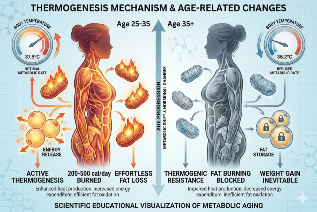diagram showing thermogenic resistance blocking natural fat burning metabolism after age 35
