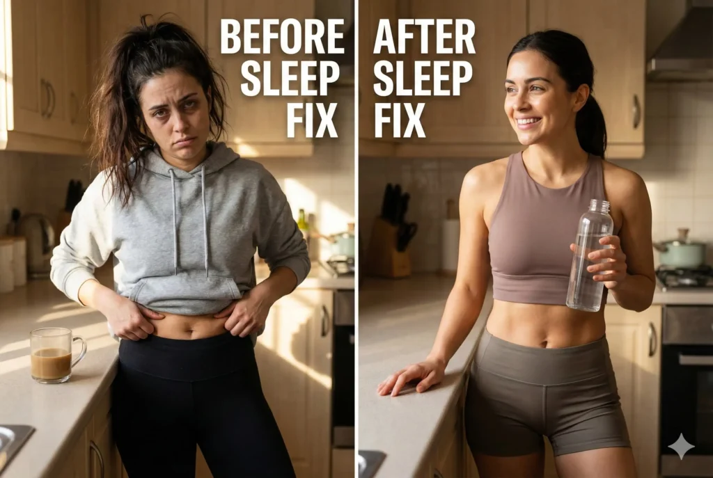 comparison showing tired person vs well-rested person and weight difference