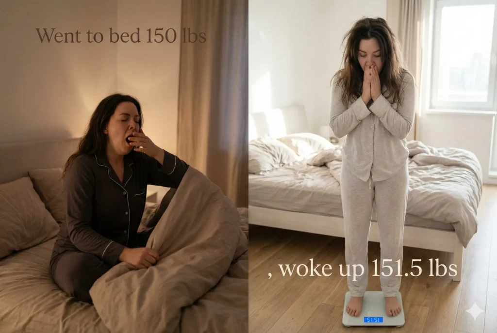woman stepping on scale showing weight gain overnight due to poor sleep quality
