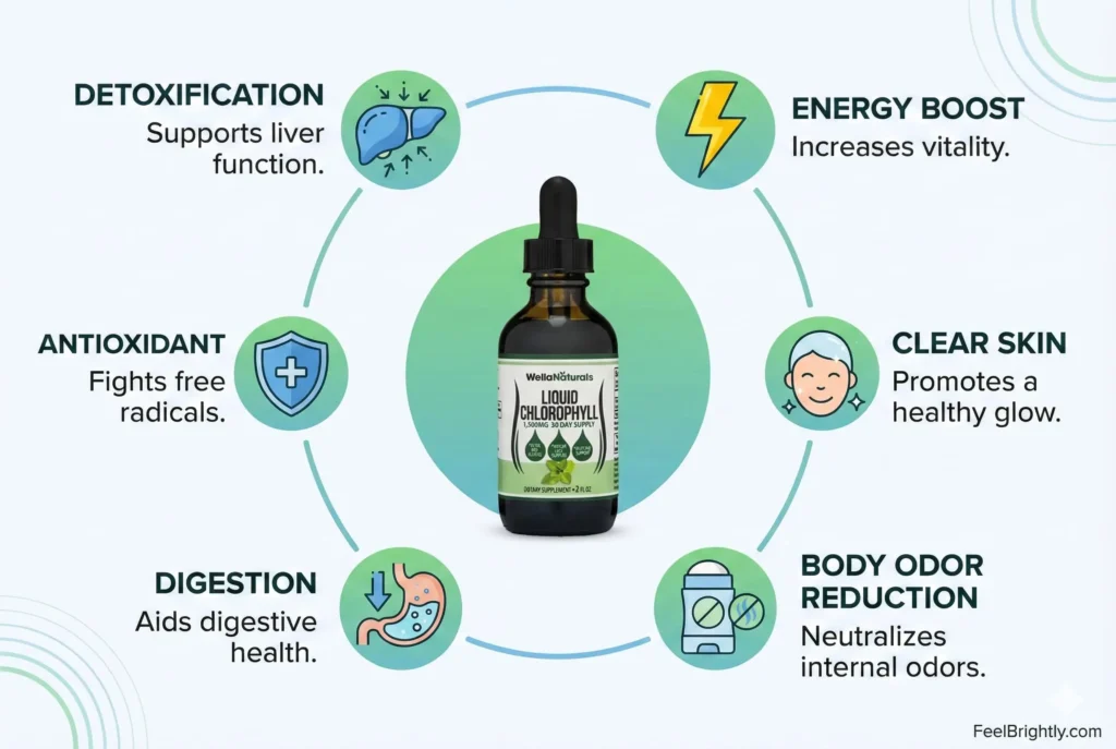 infographic showing 6 main benefits of wellena chlorophyll including detox energy skin digestion