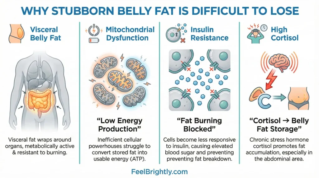 Infographic showing visceral fat, mitochondrial dysfunction, insulin resistance and cortisol as causes of stubborn belly fat.