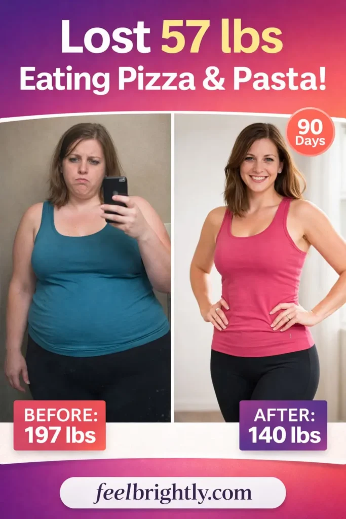 Before and after weight loss transformation showing 57 lbs lost in 90 days using Amyl Guard supplement while eating pizza and pasta daily