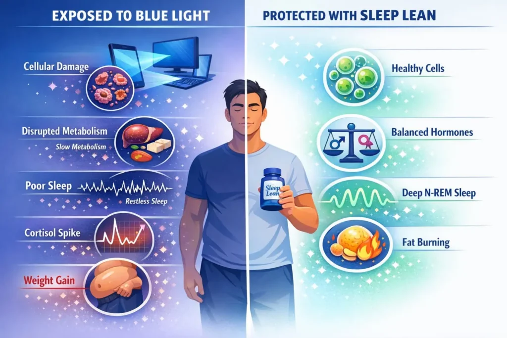 Scientific infographic showing how blue light exposure causes weight gain and how Sleep Lean protects metabolism