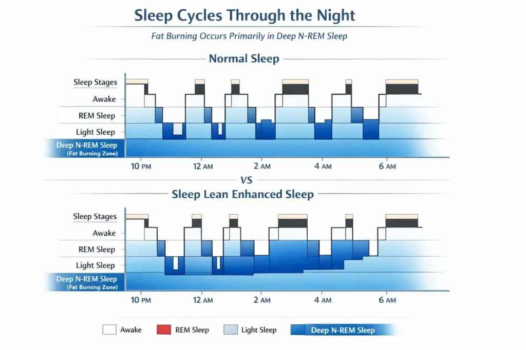 Sleep cycle chart showing how Sleep Lean increases deep N-REM sleep for maximum overnight fat burning