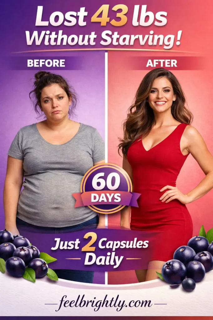 Pinterest pin showing 43 lb weight loss transformation using Eternum Detox acai berry supplement without starvation