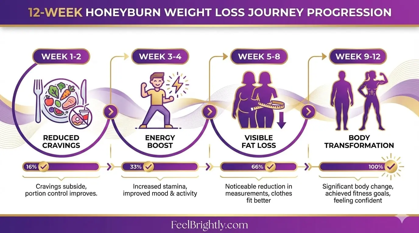 timeline showing HoneyBurn weight loss benefits progression from week 1 to week 12 with fat burning and metabolism improvements