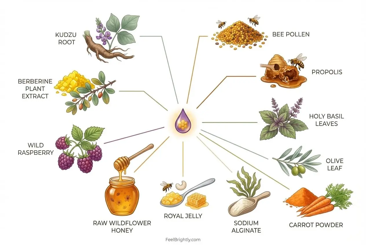 HoneyBurn ingredients infographic showing natural components and metabolic support roles