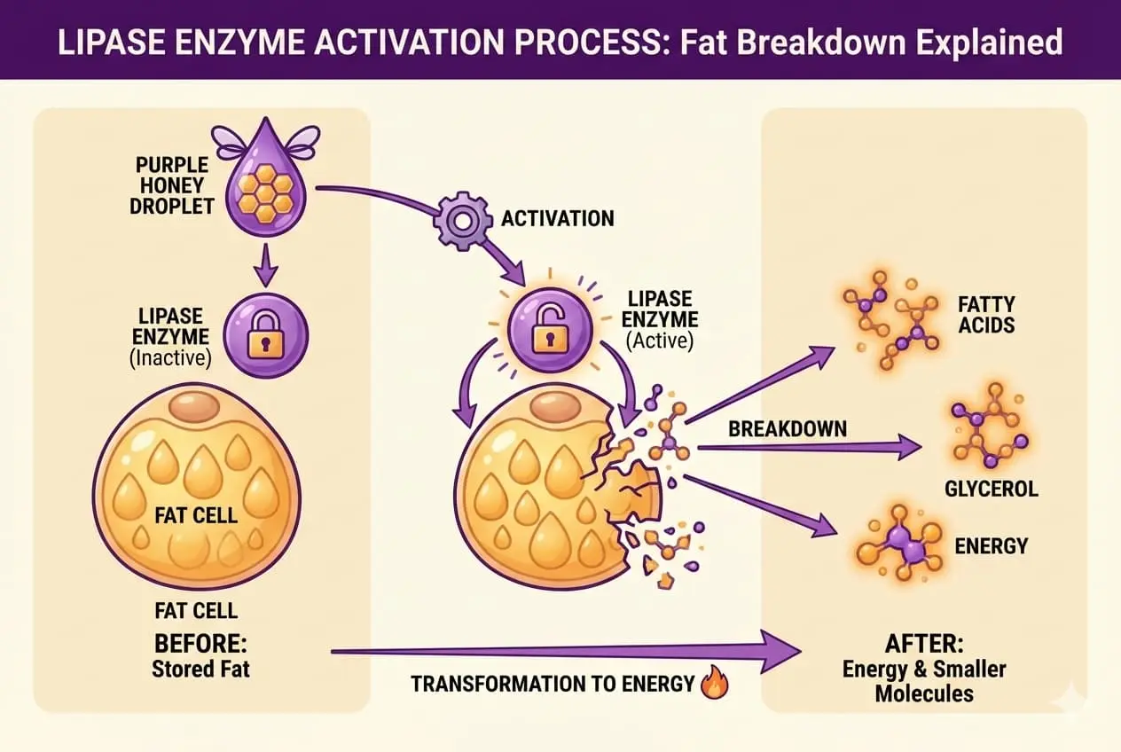 lipase enzyme activation diagram showing fat breakdown into energy with purple honey trigger
