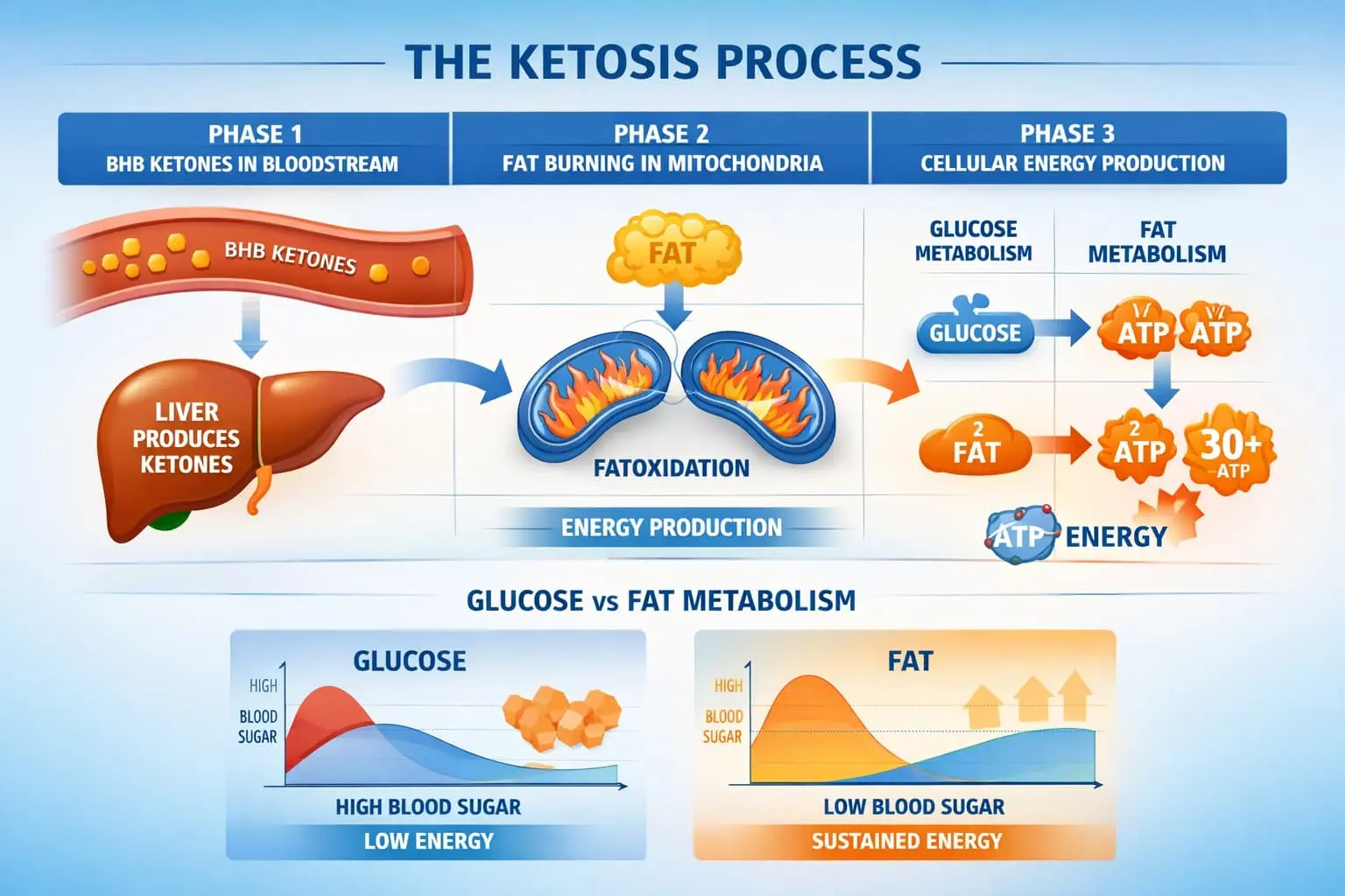 Scientific diagram showing how BHB ketones activate ketosis for accelerated fat burning and energy production