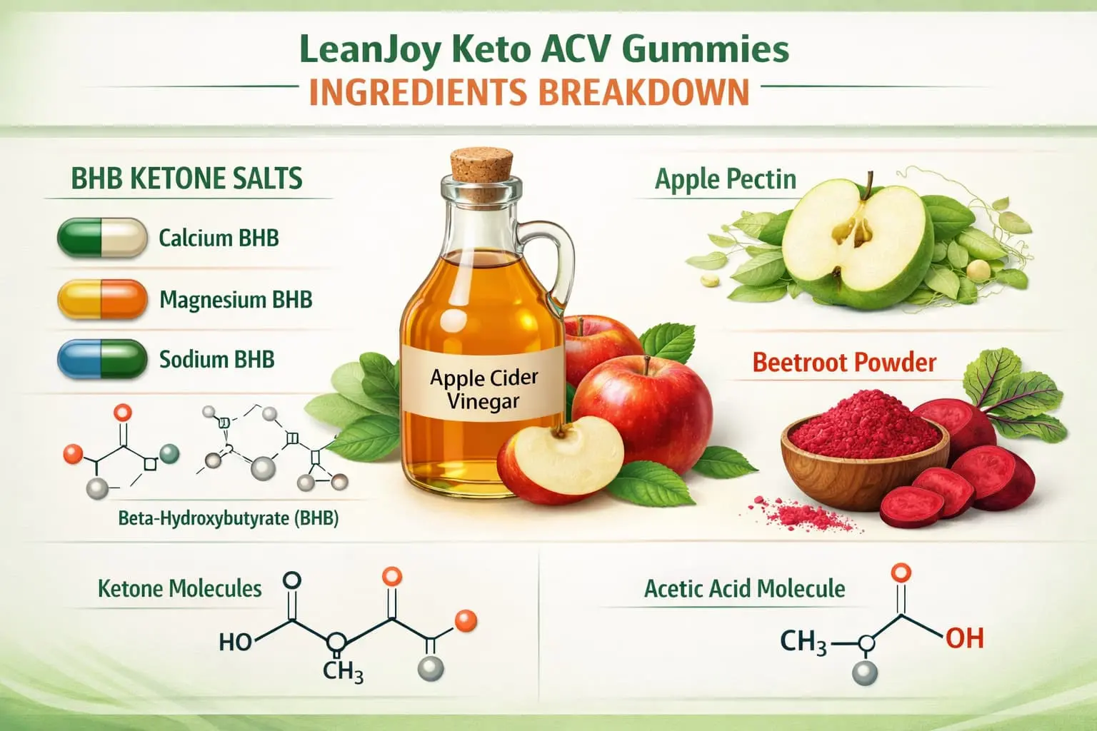 LeanJoy Keto ACV Gummies showing BHB ketone salts and apple cider vinegar ingredients for natural fat burning