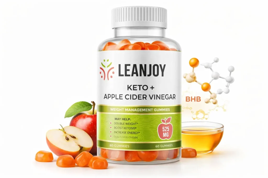 LeanJoy Keto + ACV Gummies bottle with BHB ketones and apple cider vinegar for natural weight loss and fat burning