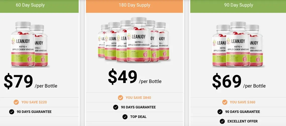 LeanJoy keto gummies bottles showing 3-bottle and 6-bottle bundle pricing options