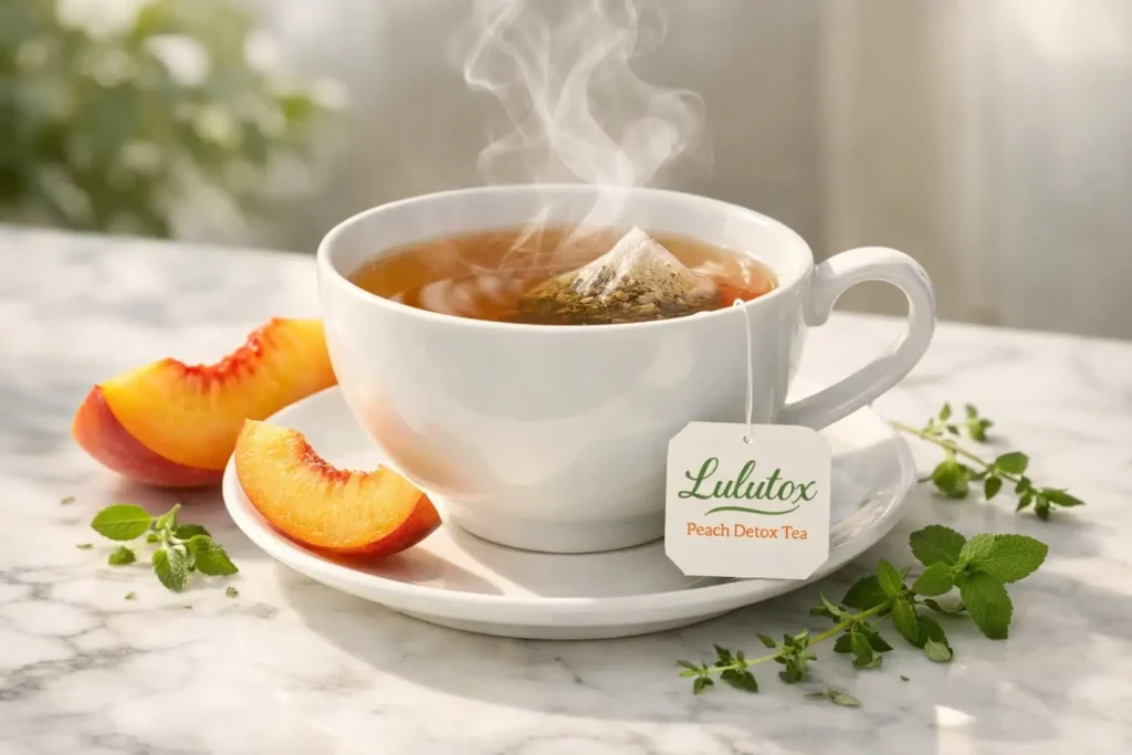 Lulutox peach-flavored detox tea - delicious herbal blend for weight loss and bloating relief