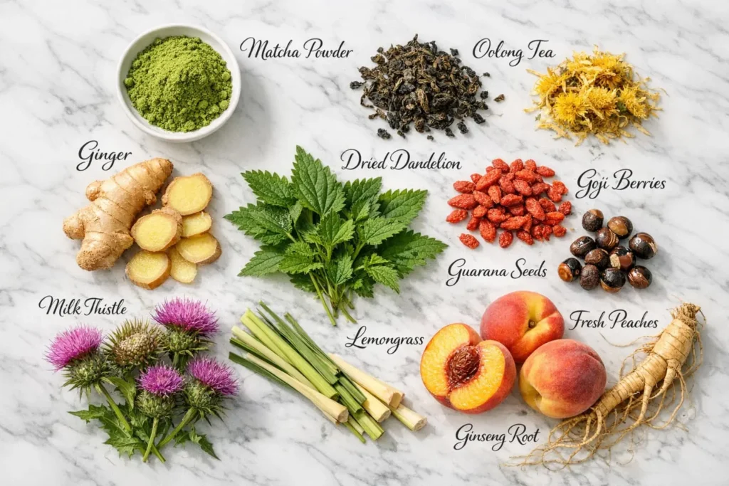 Lulutox Tea natural ingredients: 12 powerful herbs including matcha, oolong, dandelion, and ginseng