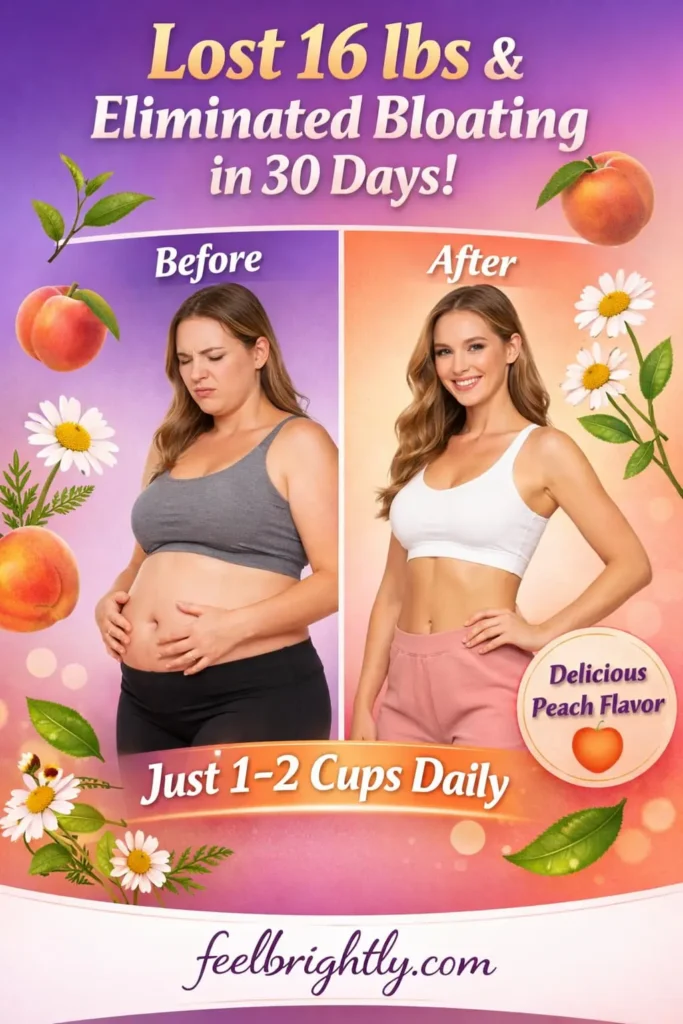 Pinterest pin showing 16 lb weight loss and bloating elimination using Lulutox peach-flavored detox tea