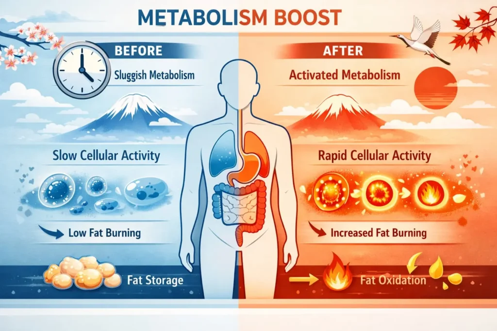 Infographic showing how Okinawa Flat Belly Tonic boosts metabolism when taken before 10am