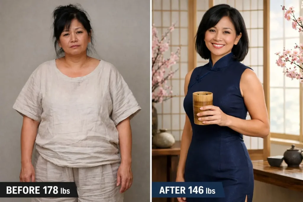 Asian-American woman Michelle age 52 before and after losing 32 lbs with Okinawa Flat Belly Tonic in Japanese zen setting