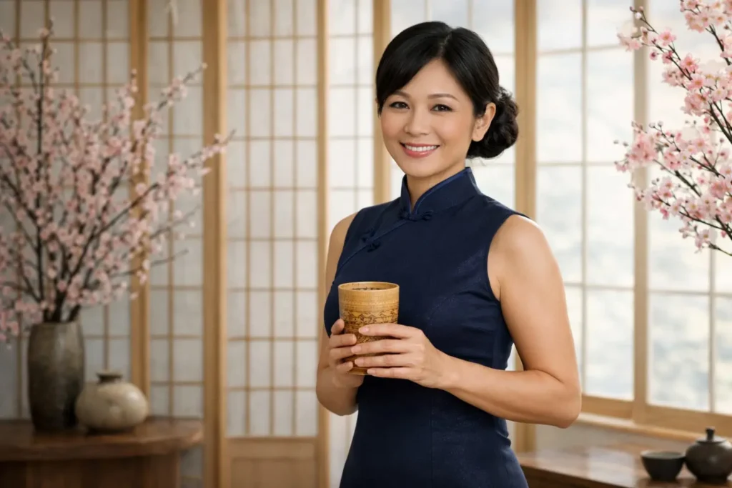 Woman after 90 days of Okinawa Flat Belly Tonic - transformed and energized in Japanese zen setting