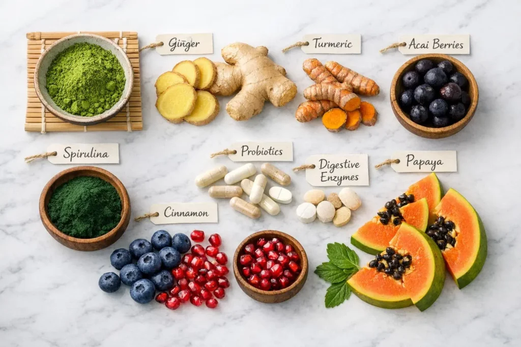 Natural ingredients in Okinawa Flat Belly Tonic arranged in Japanese zen style with bamboo mat