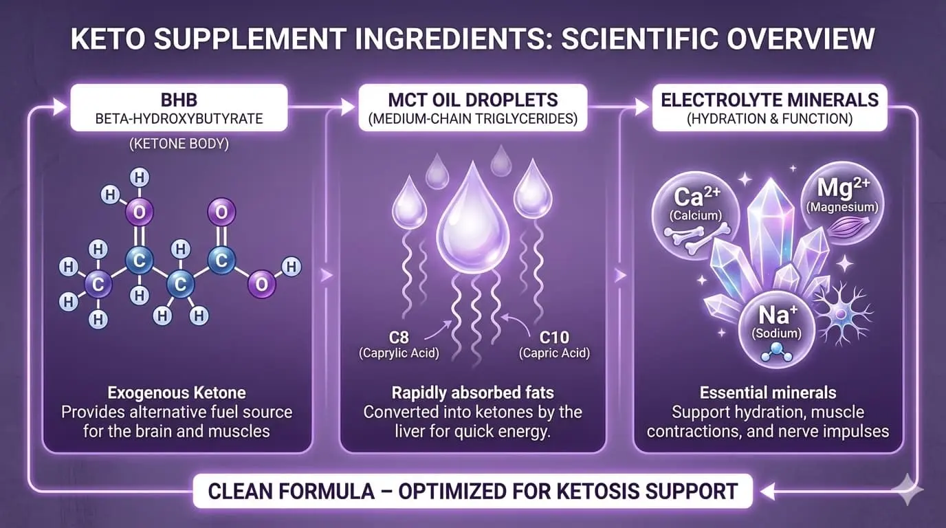 Pillow Potion Keto key ingredients including BHB salts calcium magnesium sodium and MCT powder with scientific molecule structures