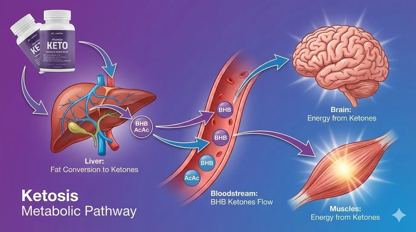 Scientific diagram showing how Pillow Potion Keto BHB salts accelerate ketosis and enhance fat metabolism in the body