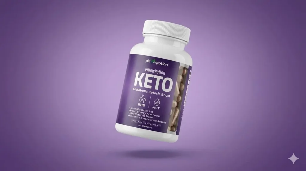 Pillow Potion Keto supplement bottle with BHB salts and MCT powder for ketogenic diet support and weight loss