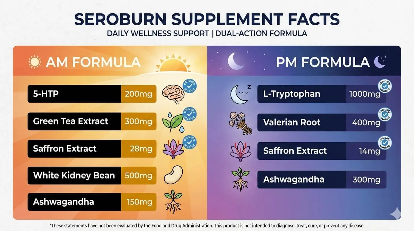 SeroBurn supplement facts panel showing 5-HTP, L-Tryptophan, Green Tea Extract, and other scientifically-backed ingredients
