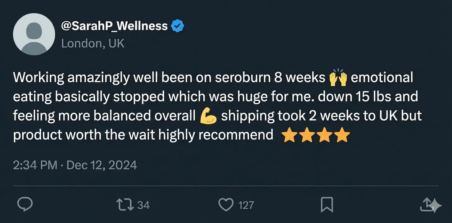 Authentic SeroBurn user review from X (Twitter) showing successful weight loss and reduced emotional eating