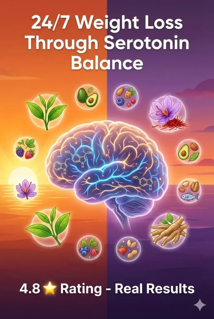 Serotonin-based weight loss concept showing brain chemistry and natural ingredients for emotional eating control and metabolic support through hormonal balance