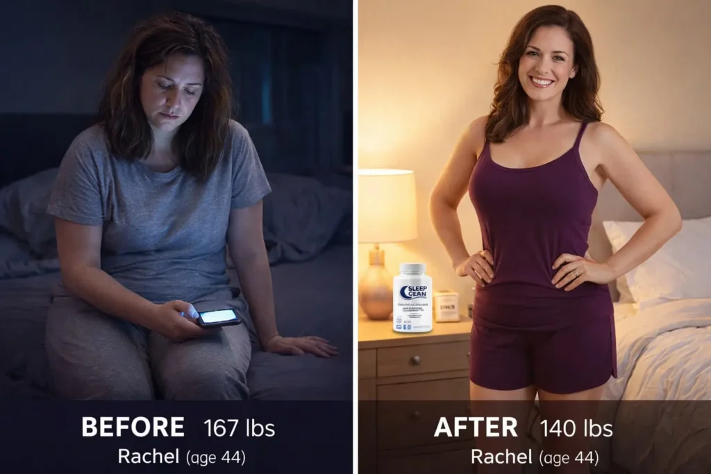 Sleep Lean before and after showing 27 lb weight loss in 90 days from nighttime fat burning supplement