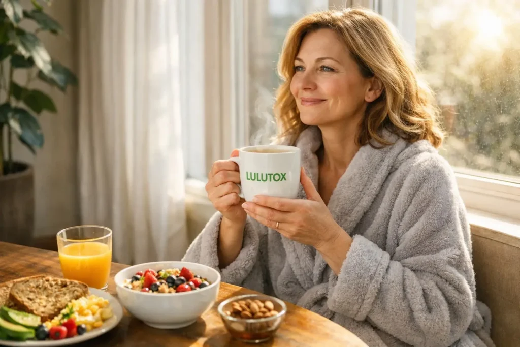 Woman enjoying her morning Lulutox Tea ritual for natural weight loss and energy boost