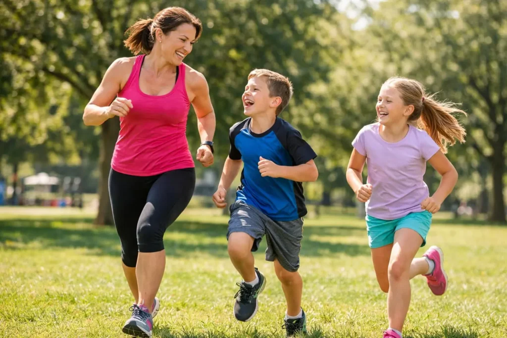 Energized mother playing with kids after losing weight with Eternum Detox supplement