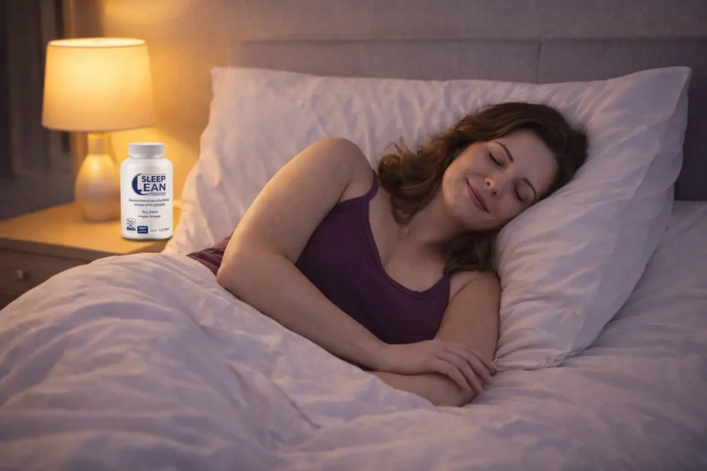 Woman enjoying deep restorative sleep after taking Sleep Lean - burning fat overnight naturally