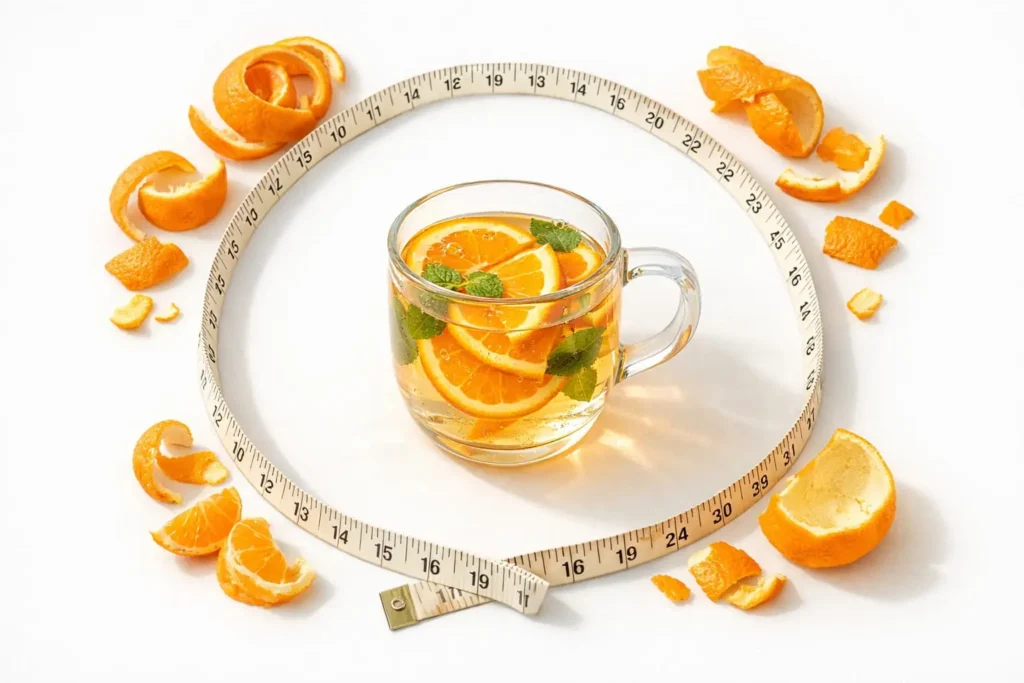 Orange peel infused drink with measuring tape symbolizing a metabolism boosting fat burning trick