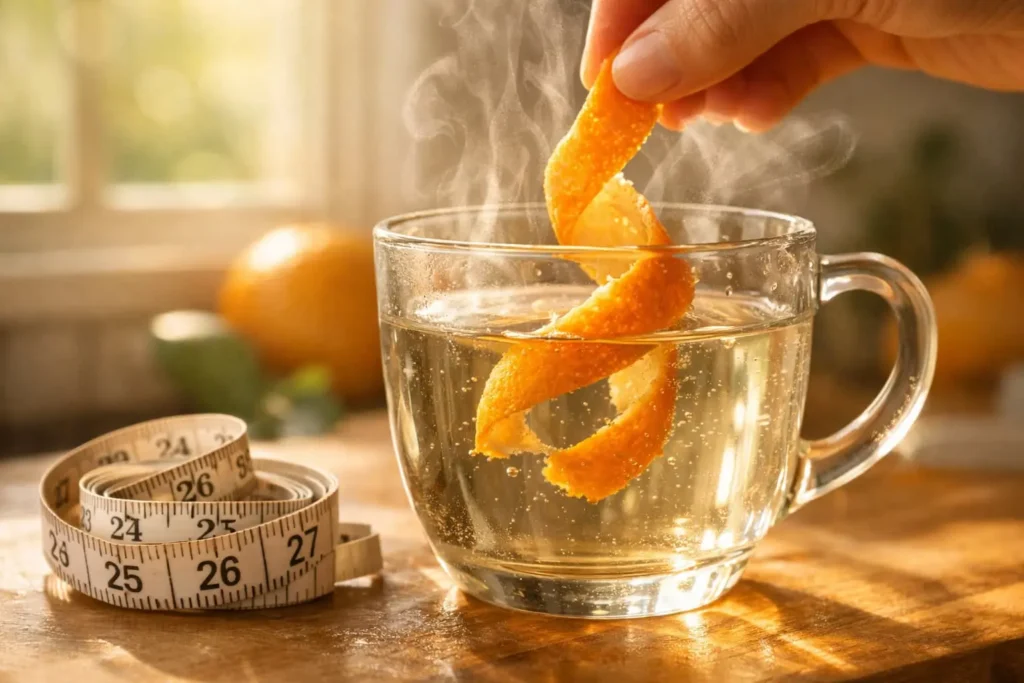 Orange peel soaking in hot water representing a 30 second morning fat burning ritual
