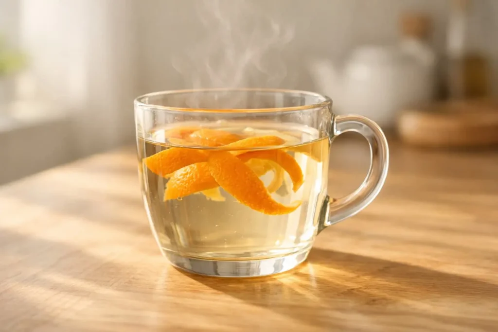 Glass of hot water with orange peel used as a simple morning ritual to support metabolism and belly fat reduction