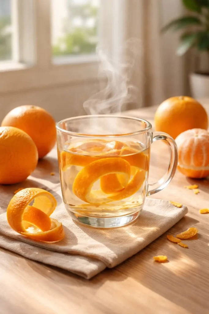 Hot water with orange peel in a clear glass cup as a simple morning ritual for metabolism support and healthy habits