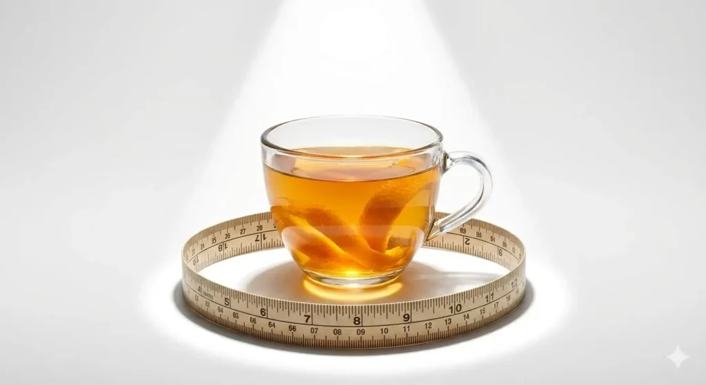 Orange peel infused drink with measuring tape symbolizing a compound that supports 24 hour fat burning