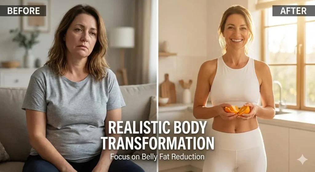 Before and after weight loss showing transformation using a Spanish orange peel morning trick