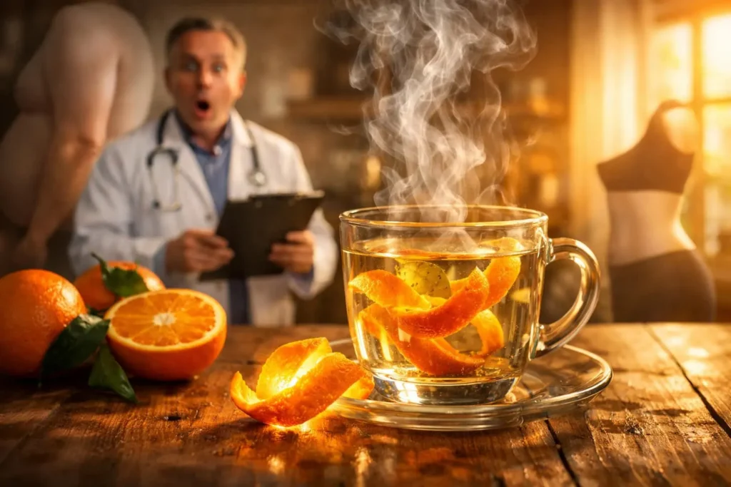 Hot water soaked Spanish orange peel used in a morning ritual for boosting metabolism and burning stubborn belly fat