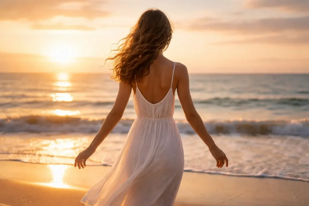 Slim woman in white dress standing on sunny beach at golden hour feeling free and transformed