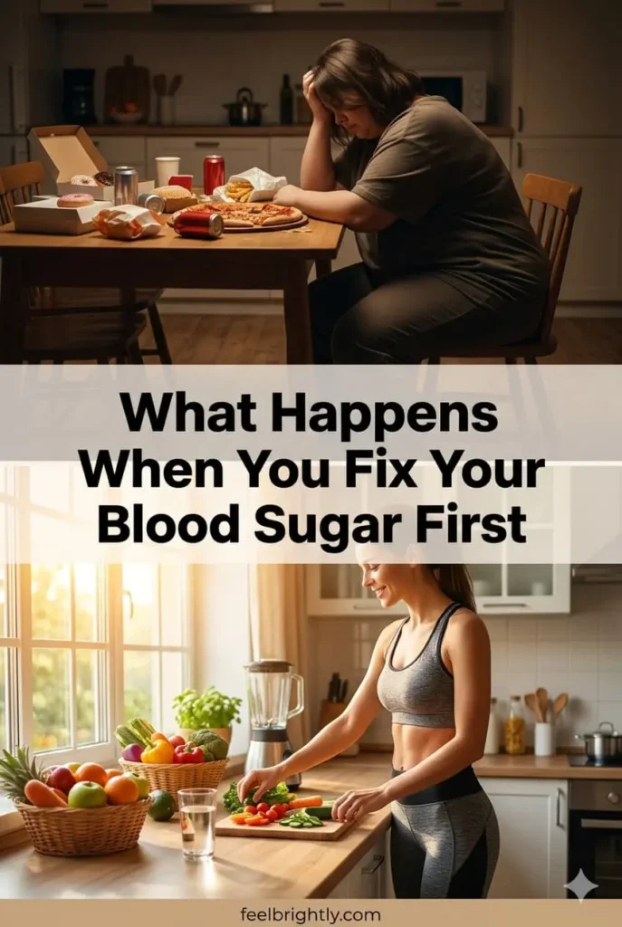 Split image showing tired woman with junk food transforming to slim energetic woman in bright kitchen