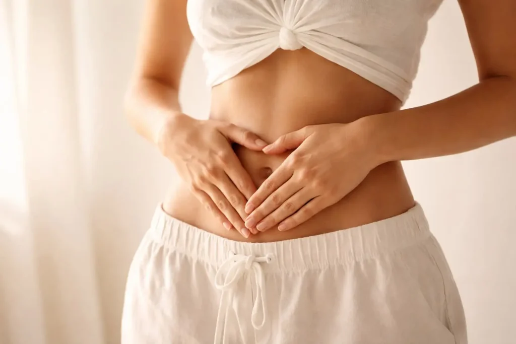 Woman's flat toned midsection with hands resting on stomach in soft golden morning light
