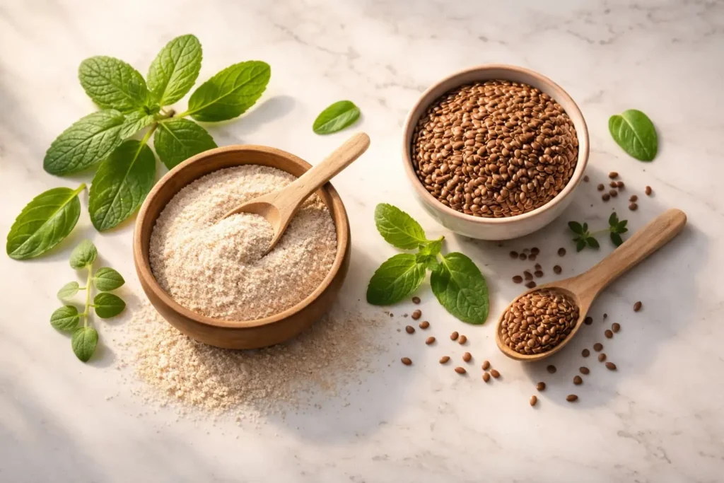 Flat lay of psyllium husk flax seeds and green leaves on white marble in morning light