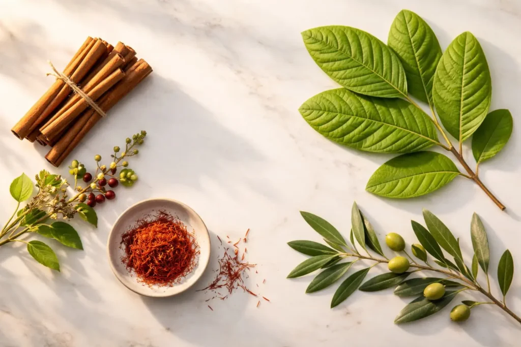 Flat lay of Ceylon cinnamon saffron banaba leaves 
and olive branch on white marble in morning light